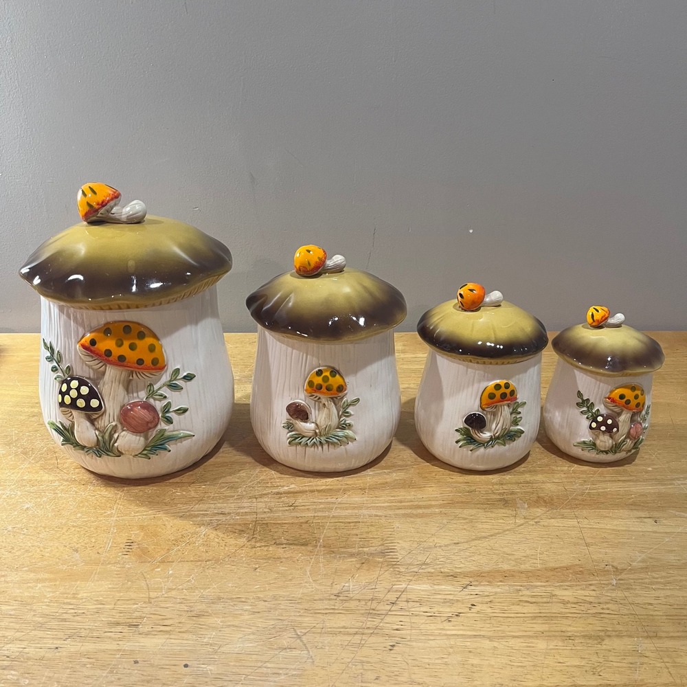 Vtg 1978 Sears Merry Mushroom Ceramic Canister Set 4 Retro 70s Cottagecore Japan